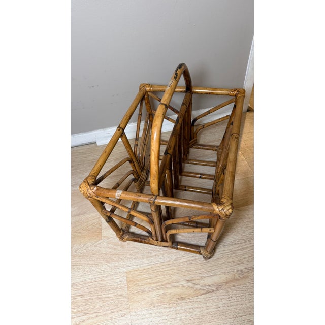 Vintage MCM Burnt Bamboo Magazine Rack Twin Compartment Boho Tiki Accent Stand For Sale - Image 10 of 10