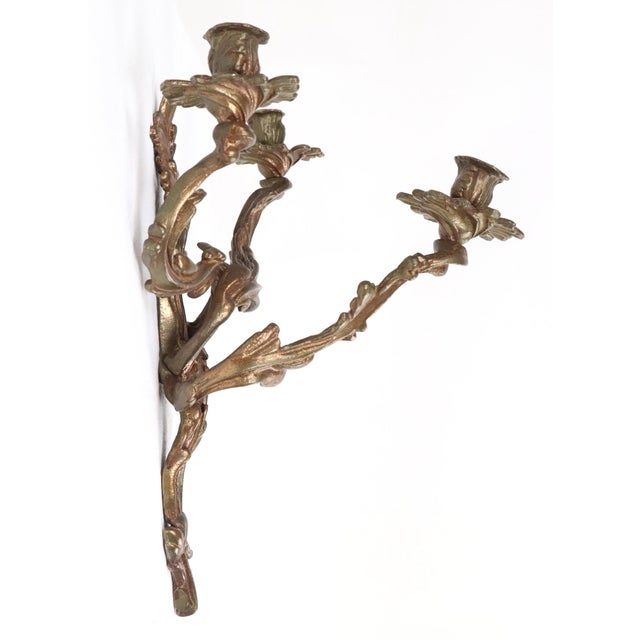 Bronze Pair of Antique Louis XV Foliate Bronze Candle Wall Sconces For Sale - Image 8 of 10