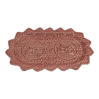 Vintage Mid-Century Modern Bordallo Pinheiro Pink Rabbit Oval Scallop Easter Platter For Sale