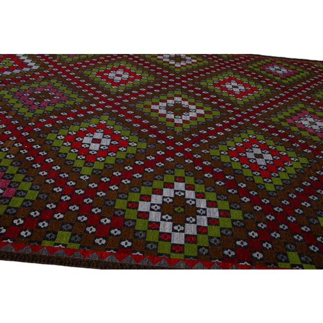 Brown Modern Soumak Handmade Multicolor Geometric Designed Wool Rug For Sale In New York - Image 6 of 11
