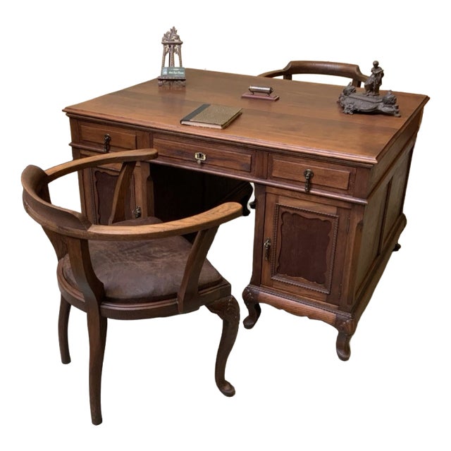 Vintage Double-Sided Desk with Armchairs, 1935, Set of 3 For Sale