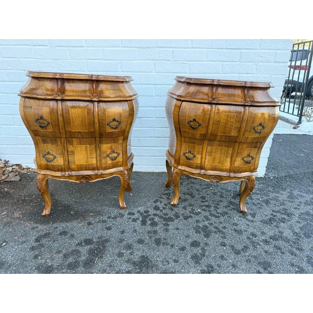 Pair of Antique Italian Rococo Venetian Louis XIV Style Bombe Burl Walnut Chests. Well made , bombay front curving outward...