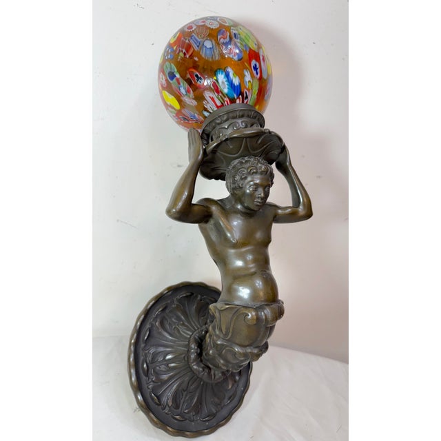 Bronze Antique Figural Patinated Bronze Man Wall Sconce Fixture Millefiori Glass Shade For Sale - Image 8 of 17