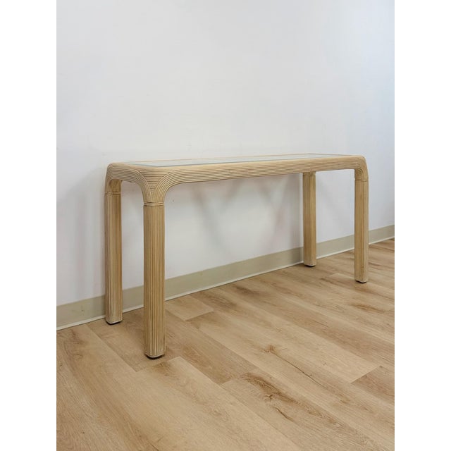 Coastal Vintage Console Table Lightwash Pencil Reed Glass Top Coastal Boho MCM For Sale - Image 3 of 10