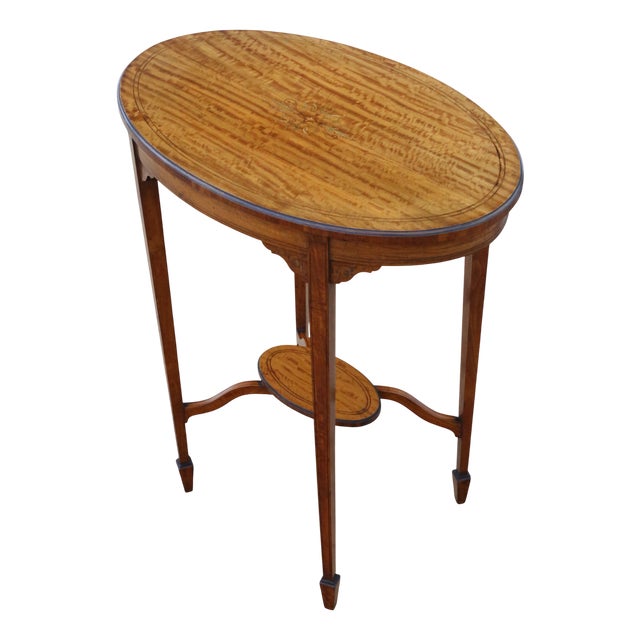 Antique Oval Inlaid Satin Walnut Occasional Table, 1900s For Sale