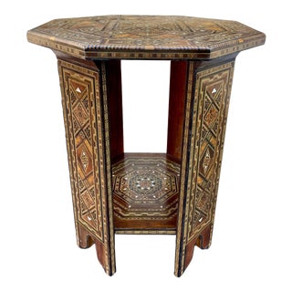 1970s Vintage Moroccan Side Table W/ Wood and Abalone Mosaic Inlay For Sale