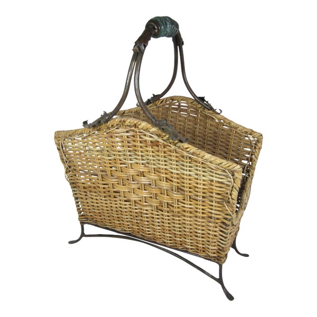 1990s Wicker, Glass, Metal Magazine Stand For Sale