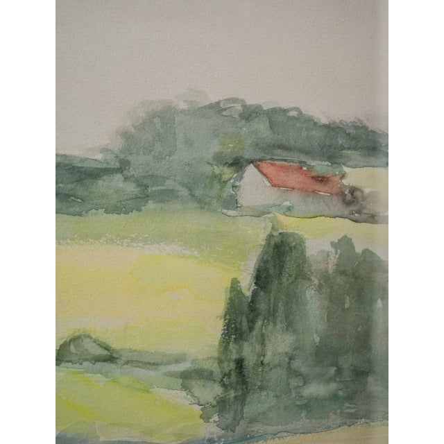 This delicate watercolor depicts a peaceful landscape where the horizon disappears into the soft, light shades of the sky....