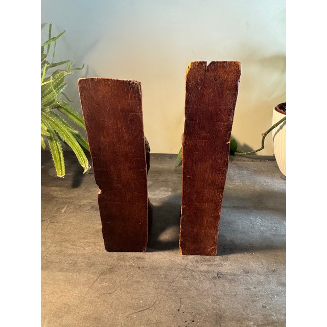Tribal Vintage MCM African Hand-Carved Wood Bookends, Matched Pair, Mid Century Tribal Folk Art, 9 Inch - Rustic Primitive For Sale - Image 3 of 5