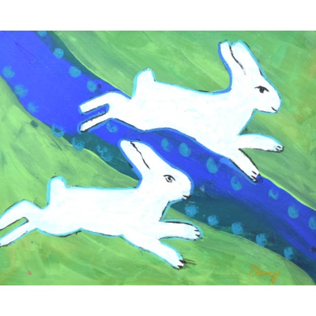 Folk Art Folk Art Hopping Bunnies Rabbits Hares Oil Painting Including the Antiqued Gold Frame For Sale - Image 3 of 5