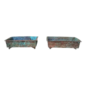 Pair of Antique Japanese Iron Relief Rectangular Verdigris Footed Bonsai Planters