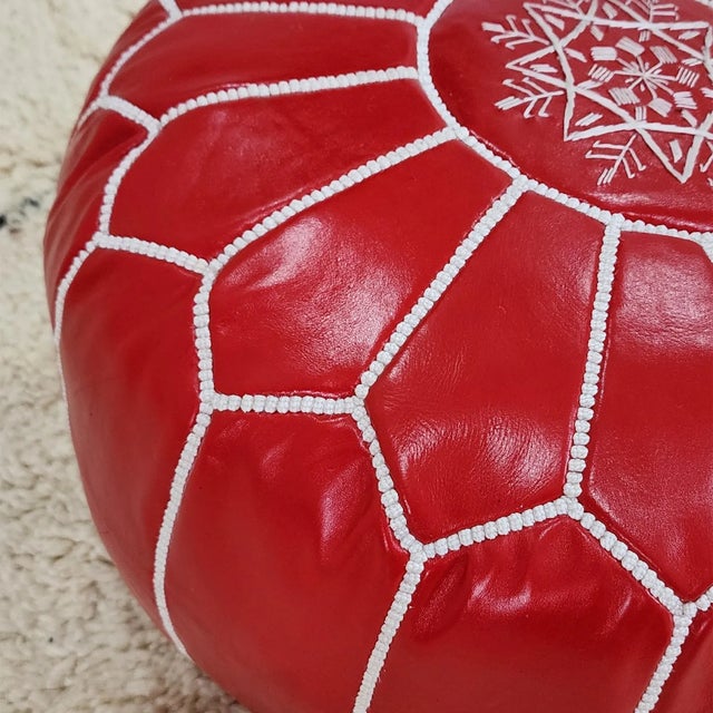 2020s Moroccan Leather Pouf – Handmade Genuine Leather Ottoman, Boho Footstool, Unstuffed Floor Cushion, Artisan Home Décor Accent For Sale - Image 5 of 9