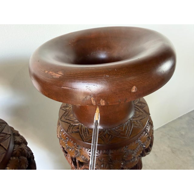 Vintage Handcrafted - Intricate Wildlife Relief Carvings Asian Teak Wood Floor Vases – Pair For Sale - Image 9 of 12
