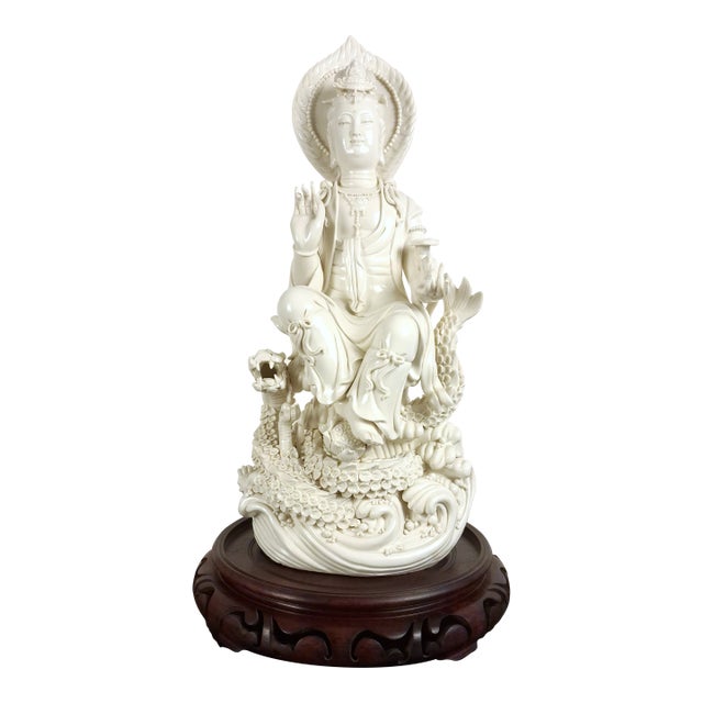 Chinese DeHua Porcelain Seated Kuan Yin on a Dragon Throne For Sale
