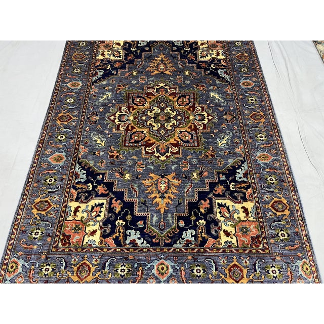 Blue Afghan Sultani Natural Dye Wool Rug, Persian Heriz Medallion Design, 5′9″ × 8′ For Sale - Image 4 of 14