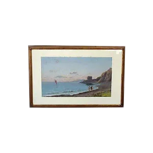 19th Century Vintage Italian Bay of Naples Gouache Painting