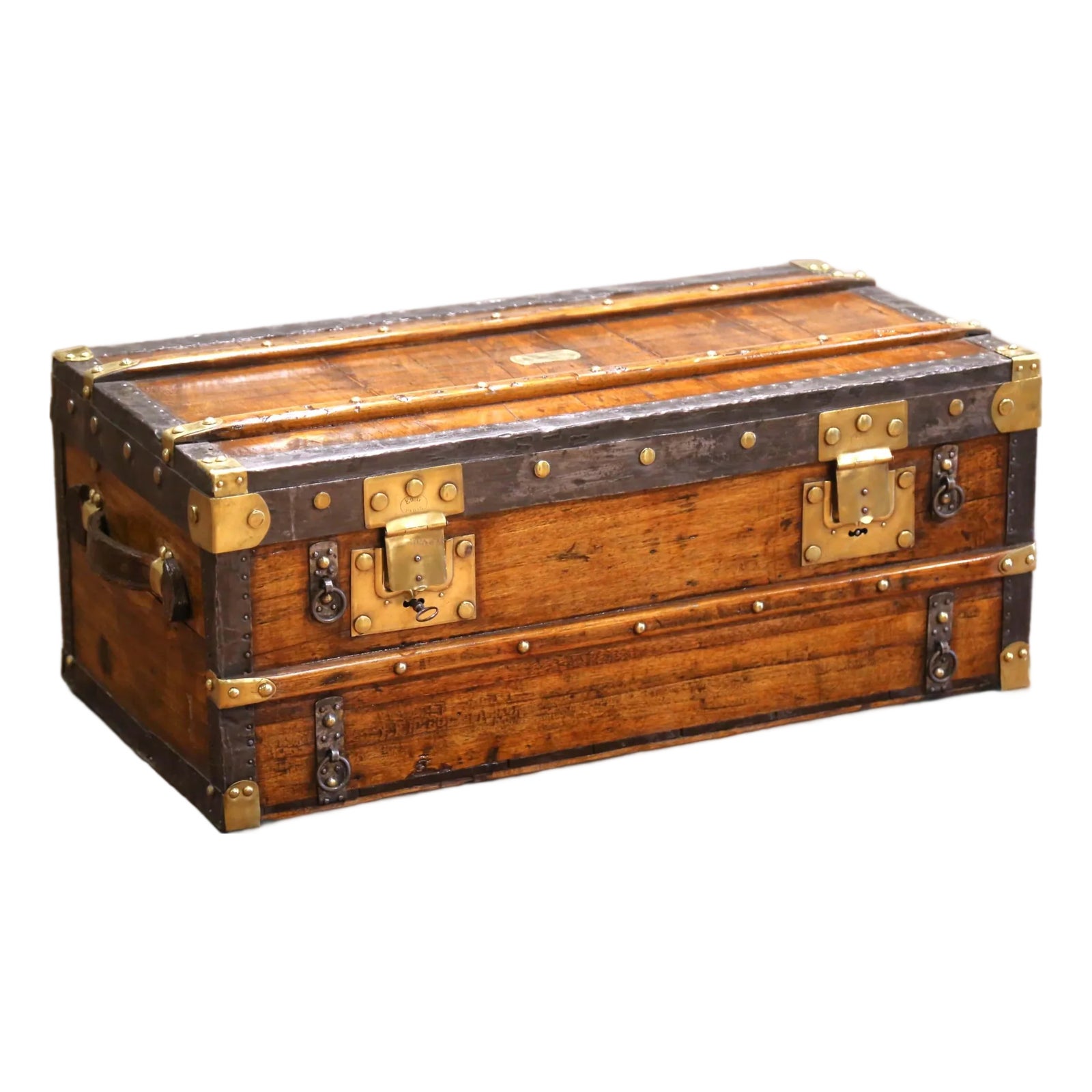 19th C. French Poplar, Metal and Brass-Bound Travel Trunk Stamped Ed. L Paris | Chairish