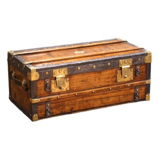 19th C. French Poplar, Metal and Brass-Bound Travel Trunk Stamped Ed. L Paris For Sale