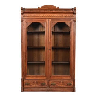 Herter Brothers Style Antique Eastlake Victorian Carved Burled Walnut Bookcase, Circa 1880s For Sale