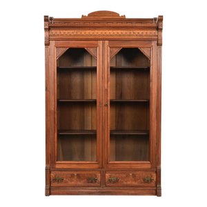 Herter Brothers Style Antique Eastlake Victorian Carved Burled Walnut Bookcase, Circa 1880s