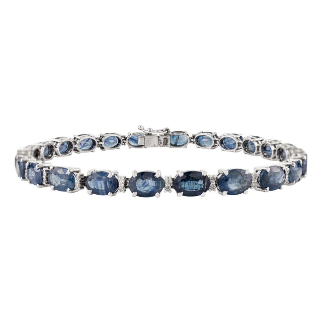 14.25Ct Natural Oval Blue Sapphire & Diamond 14k Gold Tennis Bracelet for Women- 7 Inches For Sale