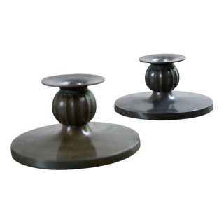 Vintage Danish Disco Metal Candleholders by Just Andersen, 1930s, Set of 2 For Sale