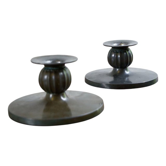 Vintage Danish Disco Metal Candleholders by Just Andersen, 1930s, Set of 2 For Sale