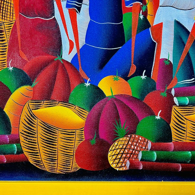Signed Haitian Market Scene Folk Art Painting in Yellow Frame, 26" For Sale - Image 10 of 11