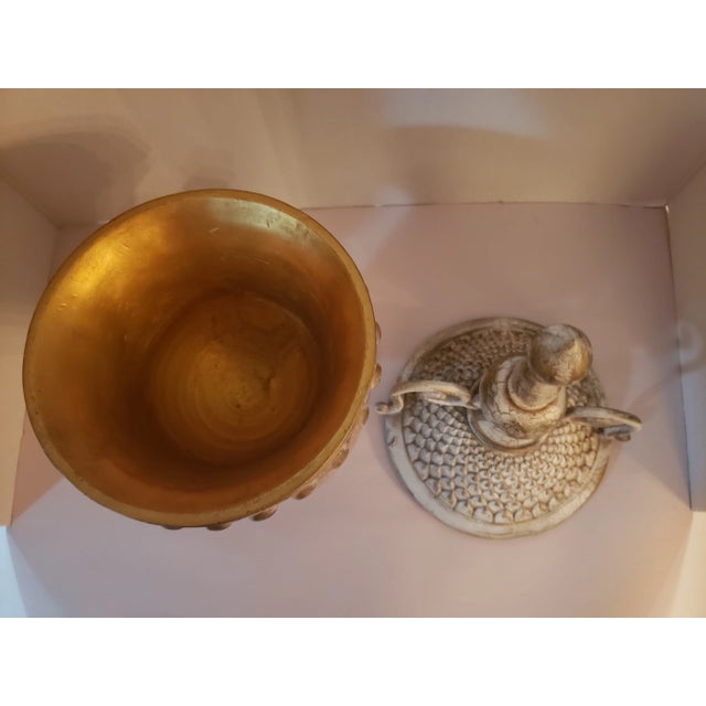 Vintage Urn/Vase With Distressed Weathered Finish and Metal Scroll Design. Nice large heavy accent vase/urn with lid. The...