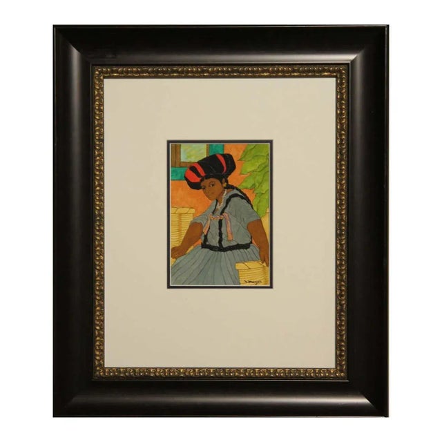 Nadine Mayes Colorful Watercolor Portrait of Seated Female in Blue Dress and Black + Red Hat 1990s For Sale - Image 12 of 12