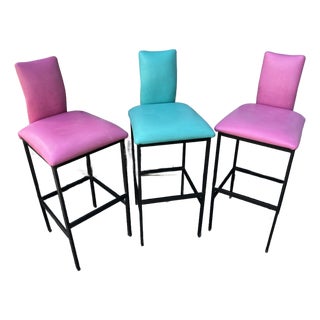 Set of 3 Postmodern Vinyl Upholstered Barstools by Minson Ent. Circa 1980s For Sale