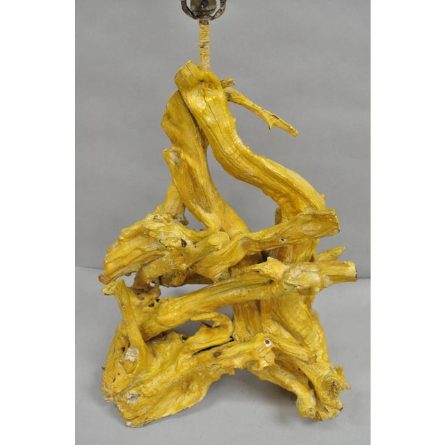 Vintage Mid Century Modern Large Driftwood Yellow Painted Tiki Room Table Lamp For Sale - Image 4 of 12