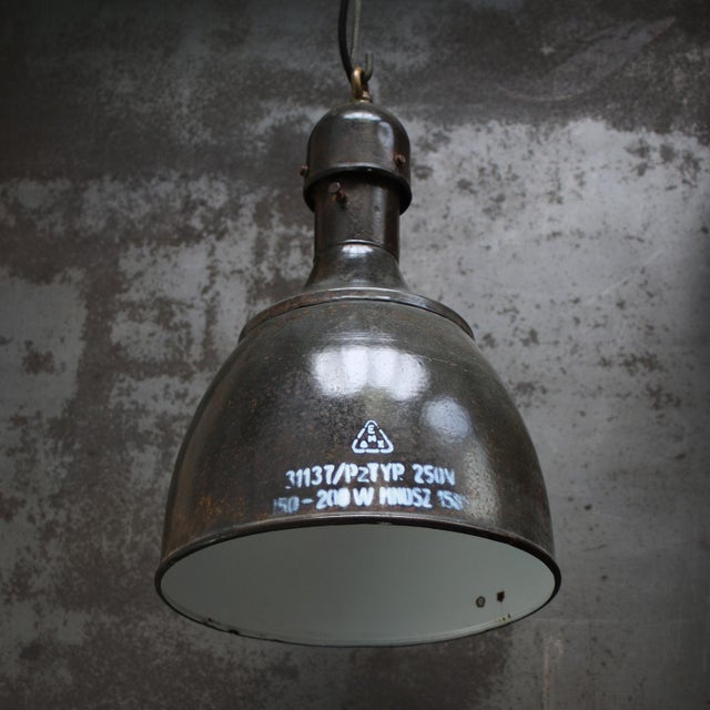 Industrial Grey Brown Enamel and Brass Pendant Light, 1950s For Sale - Image 4 of 5