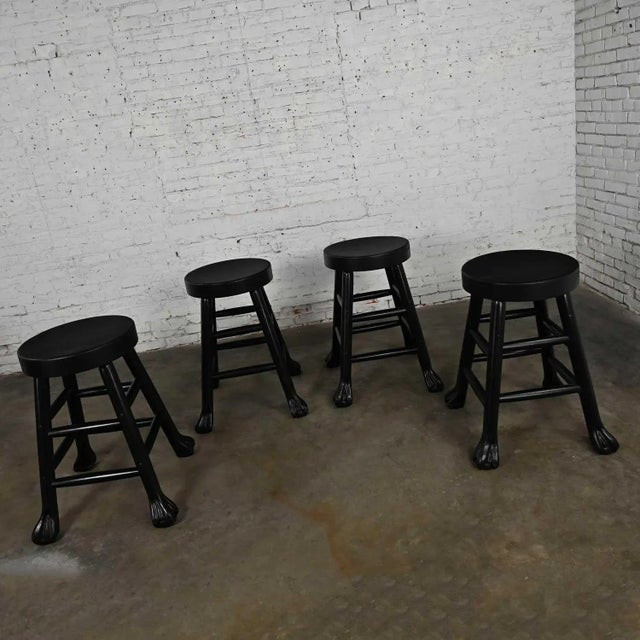 Rustic Vintage Rustic Blackened Solid Hardwood Chunky Claw Foot Barstools Set of 4 For Sale - Image 3 of 13