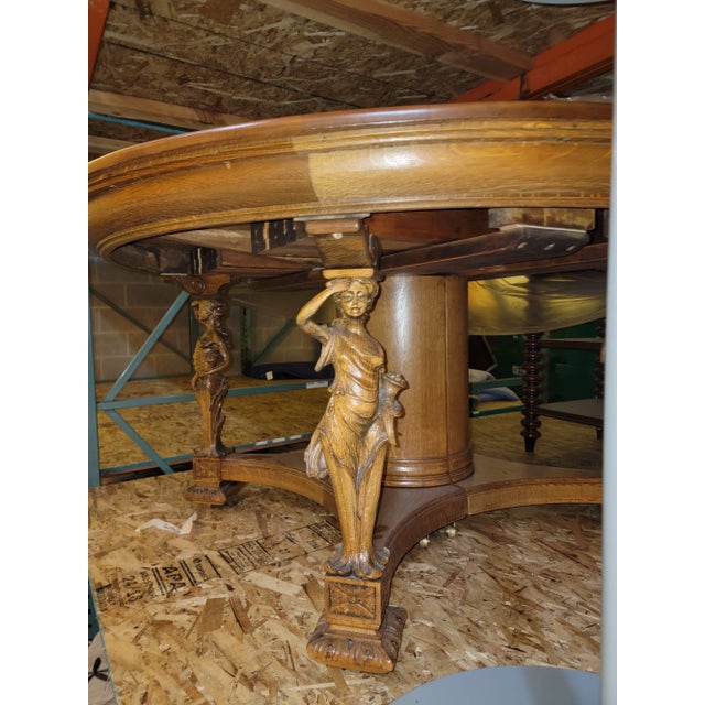 Wood 1876 Dining Table "Lady Liberty", Hand Carved Quarter Sawn Oak With 12 Leaves For Sale - Image 7 of 8