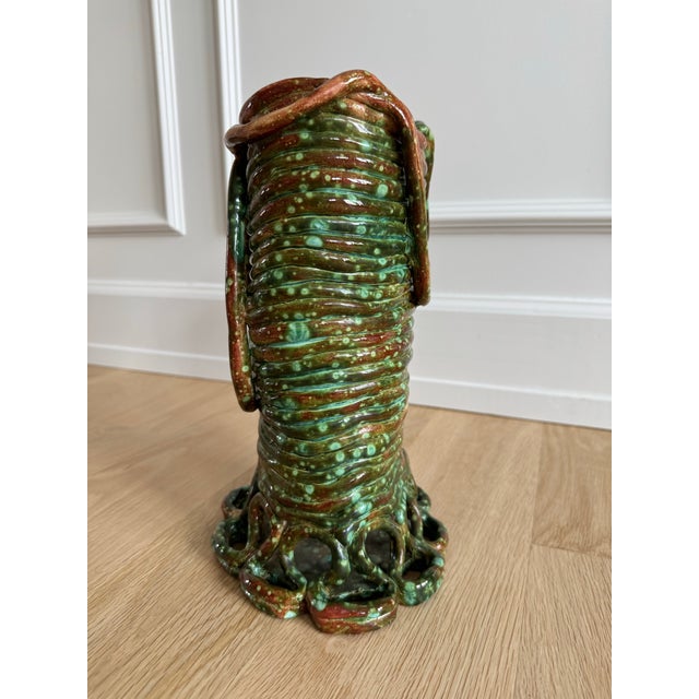 Contemporary Signed 1981 Sculptural Studio Pottery Vessel With Loop Handles, Brown & Green Speckled Glaze For Sale - Image 3 of 8