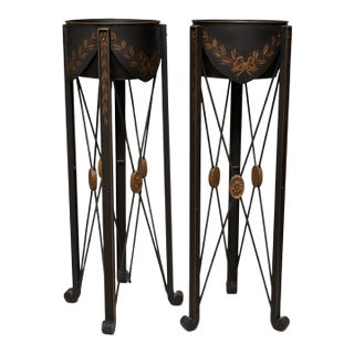 Niermann Weeks French Neoclassical Style Black & Gold Tole Iron Planters - Pair For Sale