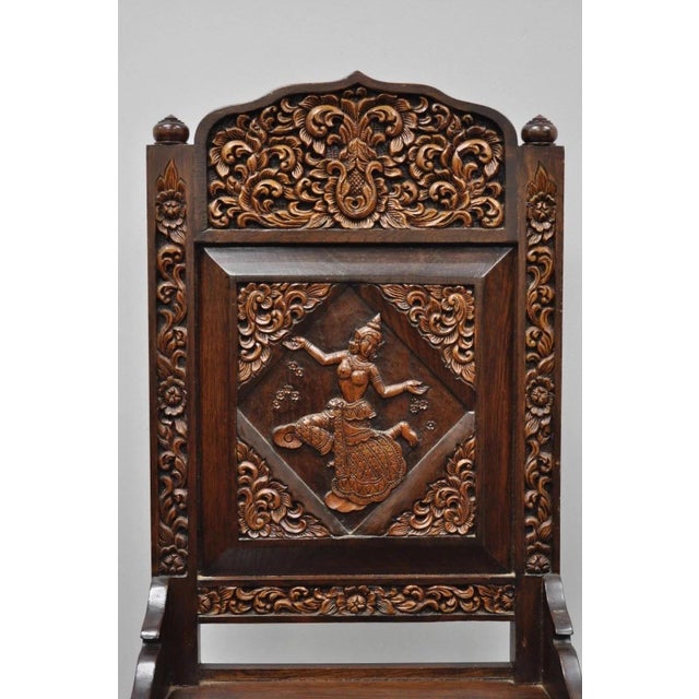 Chinoiserie Vintage Chinoiserie Thai Oriental Carved Teak Wood Dining Side Chairs - A Pair For Sale - Image 3 of 12
