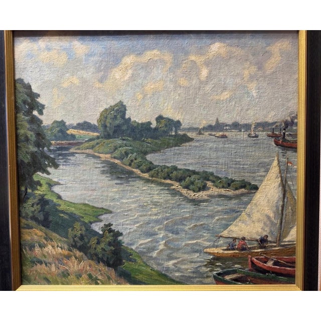 Fritz Zimmer, Harbor in Düsseldorf, Oil Painting on Canvas For Sale - Image 11 of 13