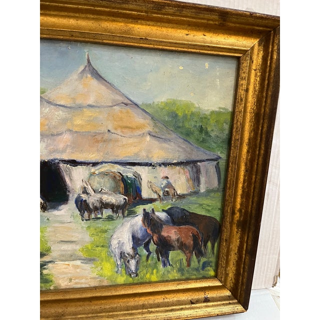1960s Vintage Acrylic on Board Painting of Men With Horses and a Large Tent Could Be in Tibet For Sale - Image 4 of 10