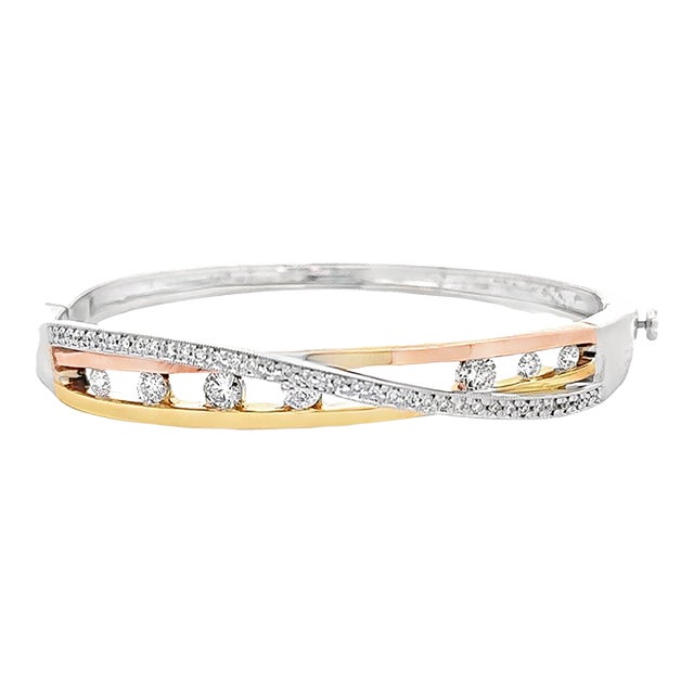 Crossing Diamond Channel Set 14k Multi-Color Gold Bangle Bracelet For Sale