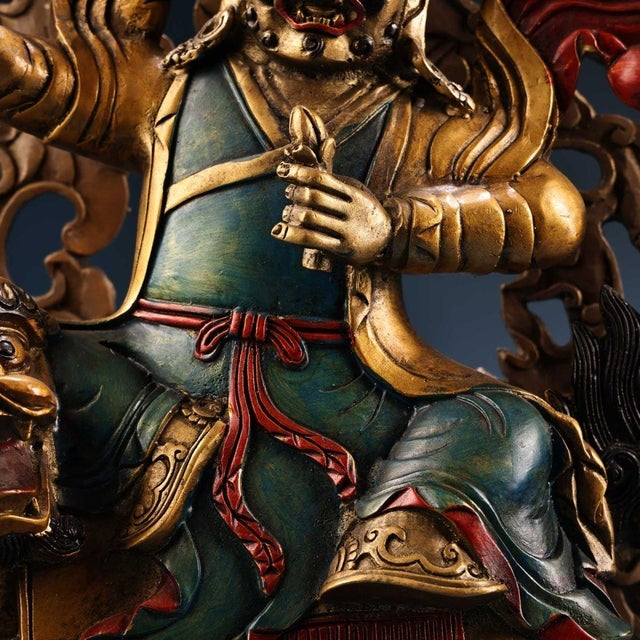 Vintage Tibetan Painted Gilded Bronze Dorje Shugden Protector Buddha Statue on Lion For Sale - Image 10 of 10
