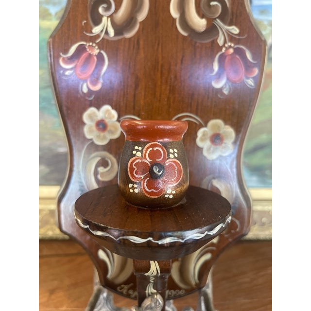 1990s Possibly Norwegian Hand-Painted Rosemaling Wall Pocket With Candlestick Holder or Miniature Vase, Signed by Kaja, 1990-Scandinavian Folk Art Decor. For Sale - Image 5 of 9