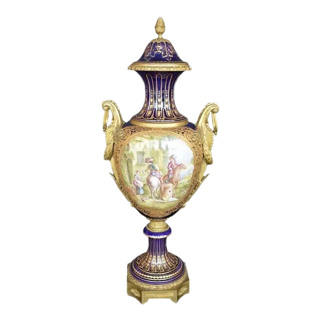 Late 19th Century Oversized French Blue Royal Hand-Painted Sevres Lidded Vase For Sale