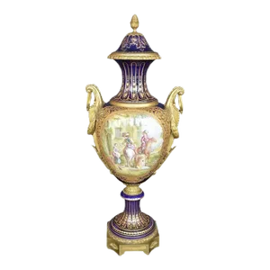 Late 19th Century Oversized French Blue Royal Hand-Painted Sevres Lidded Vase