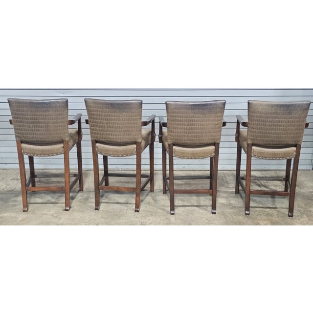 Late 20th Century Set of Four Hickory Chair Mahogany Alligator Pattern Leather Counter Stools For Sale - Image 9 of 11