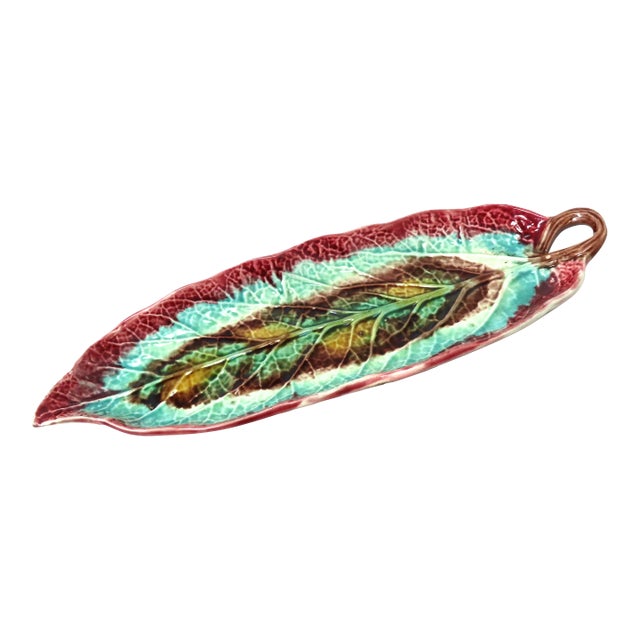 Antique American Victorian Majolica Leaf Relish Serving Tray For Sale