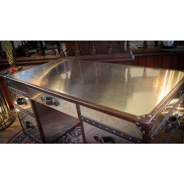 Brown Stoneyhurst Mayfair Desk in Brushed Steel and Leather from Timothy Oulton, 2010s For Sale - Image 8 of 18