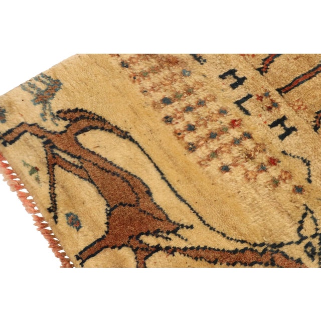 Rug & Kilim 1950s Vintage Gabbeh Tribal Runner in Beige-Brown and Blue Deer Pictorial For Sale - Image 4 of 7