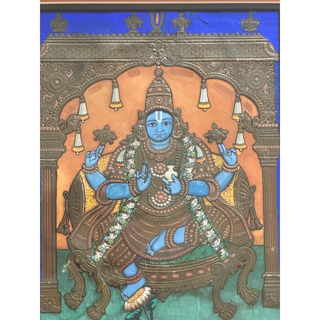 Early 20th C Tanjore Painting Dhanavantri Vishnu India Indian Thanjavur Antique Vintage Framed For Sale - Image 9 of 12